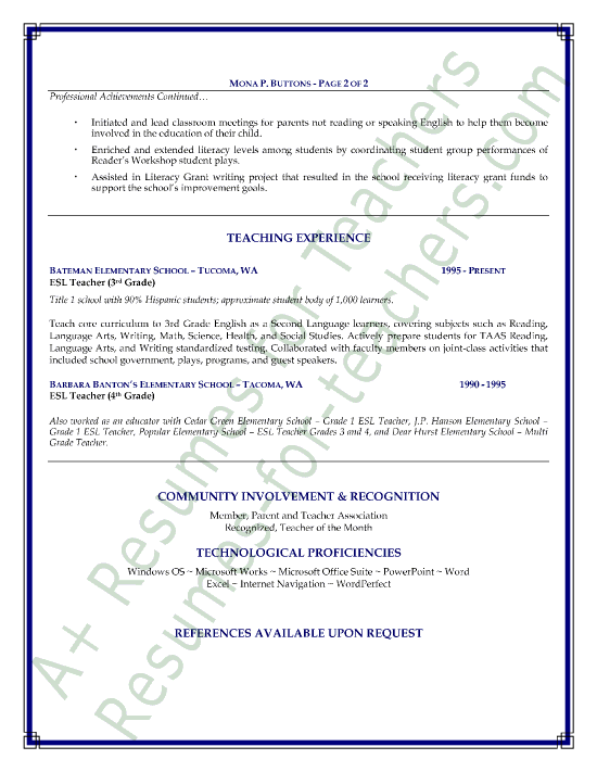 ESL Teacher Sample Resume - Page 2