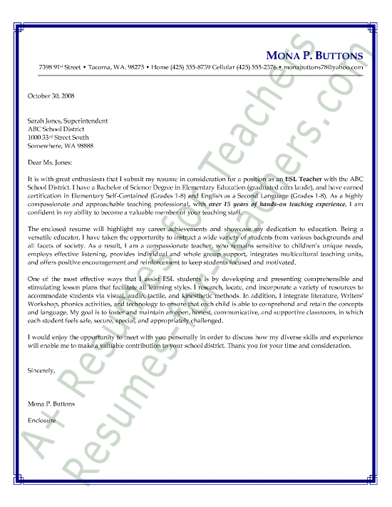 ESL Teacher Cover Letter Sample