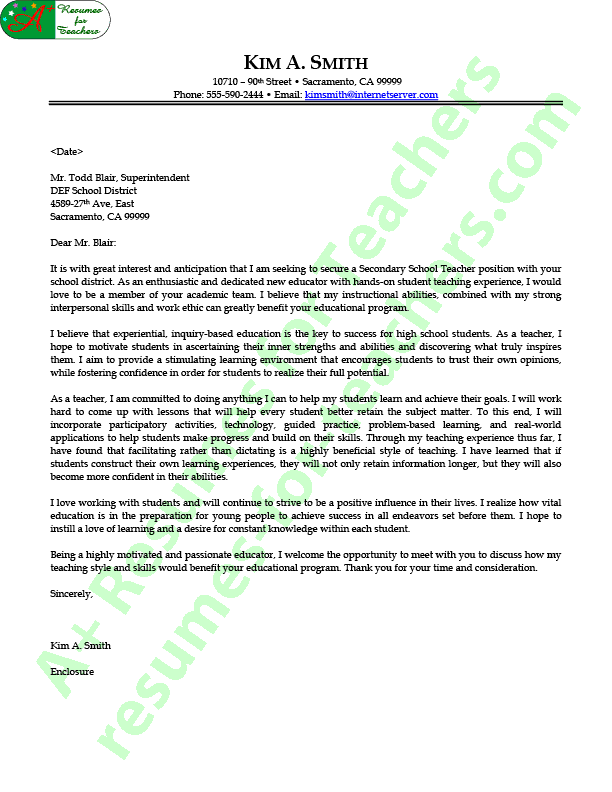 Secondary School Teacher Cover Letter Sample