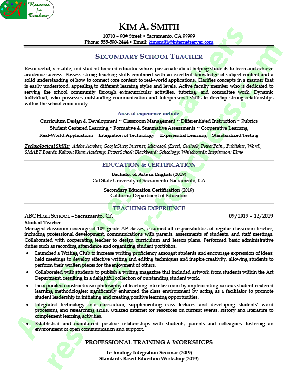 Secondary School Teacher Resume Sample