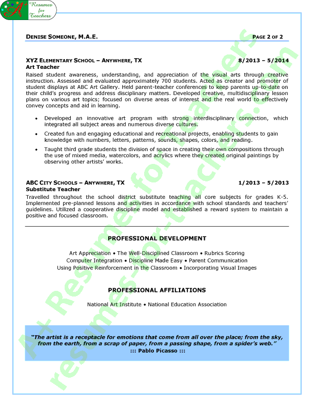 Art Teacher Resume Sample - Page 2
