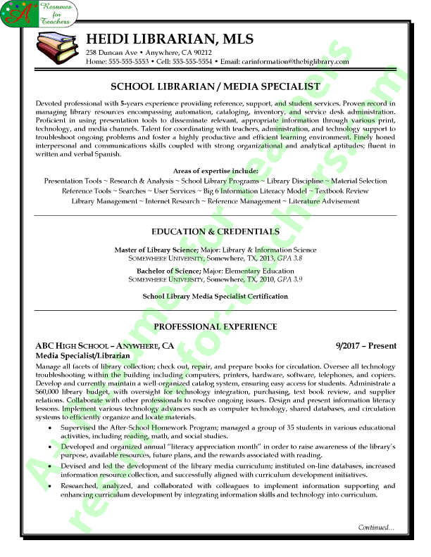 Librarian / Media Cover Resume Sample