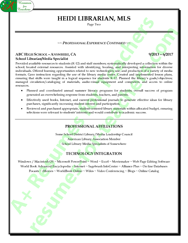 Librarian / Media Cover Resume Sample - Page 2