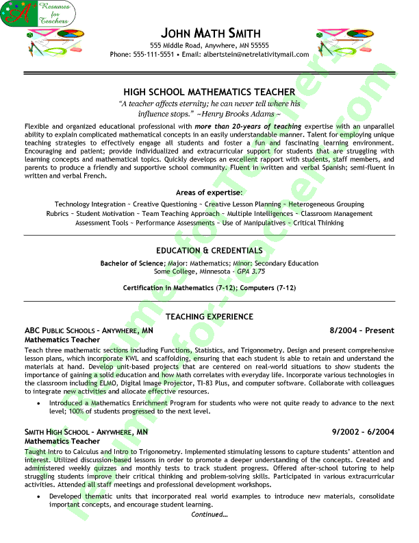 Math Teacher Resume Sample - Page 1