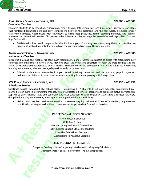 Math Teacher Resume Sample - Page 2