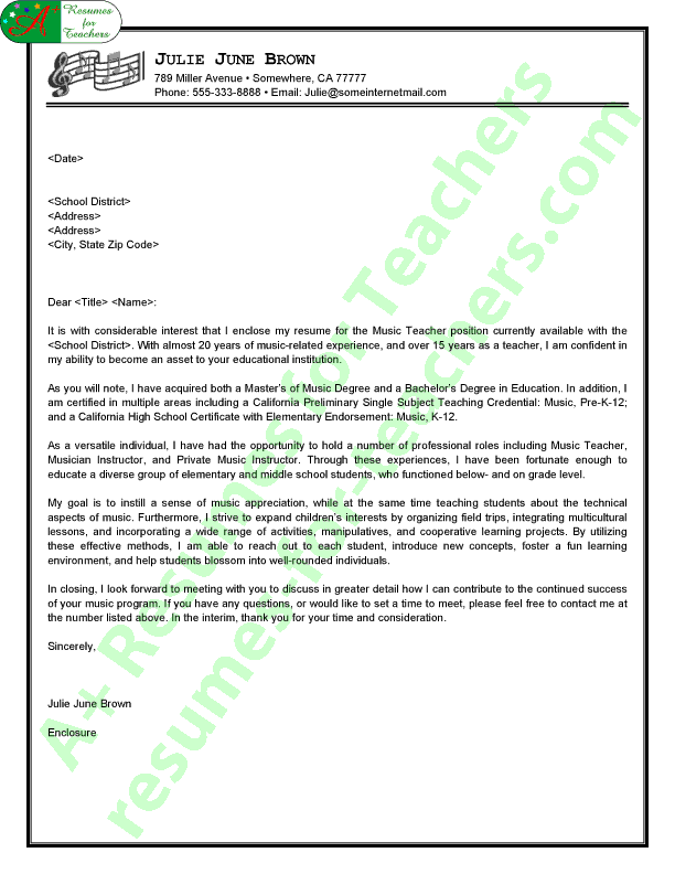 Music Teacher Cover Letter Sample