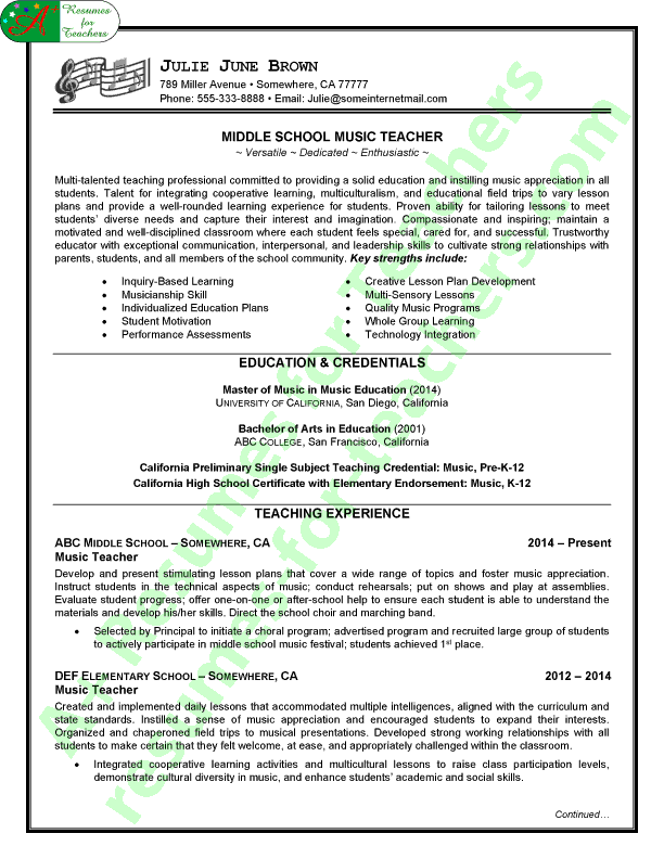 Music Teacher Resume Sample - Page 1