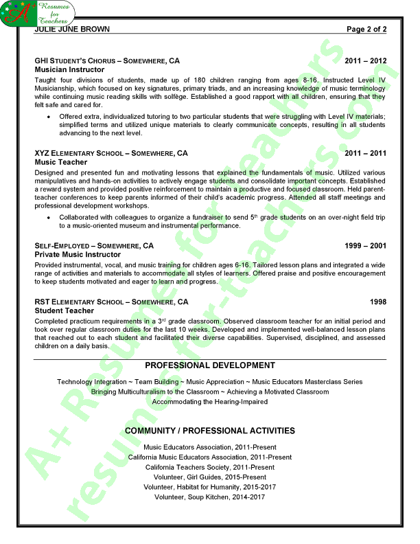 Music Teacher Resume Sample - Page 2
