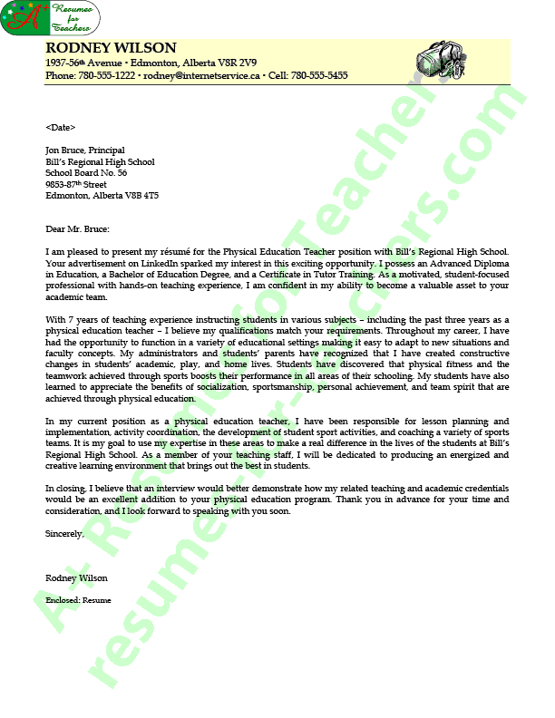 Phys-Ed Teacher Cover Letter Sample