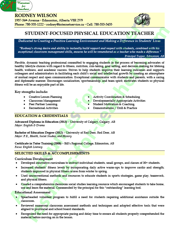 Phys-Ed Teacher Resume Sample - Page 1