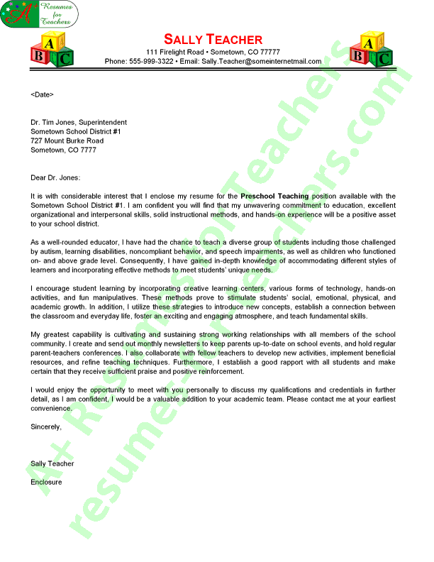 Preschool Teacher Cover Letter Sample