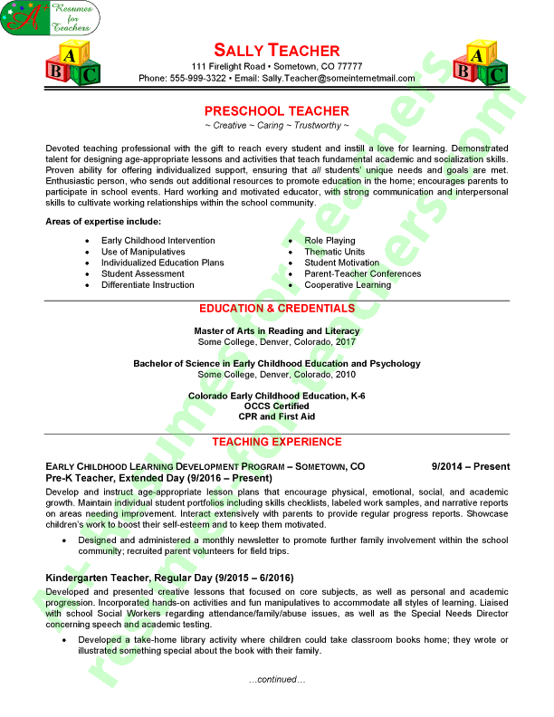 Preschool Teacher Resume Sample - Page 1