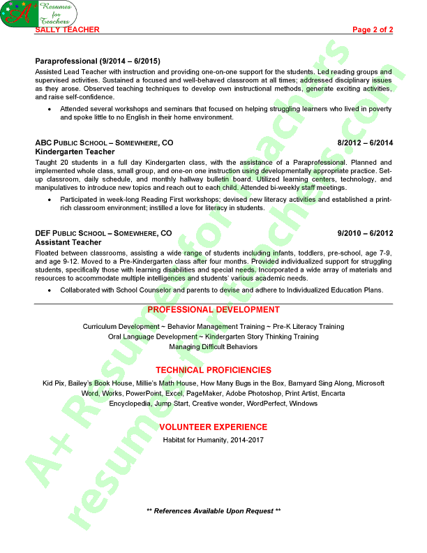 Preschool Teacher Resume Sample - Page 2