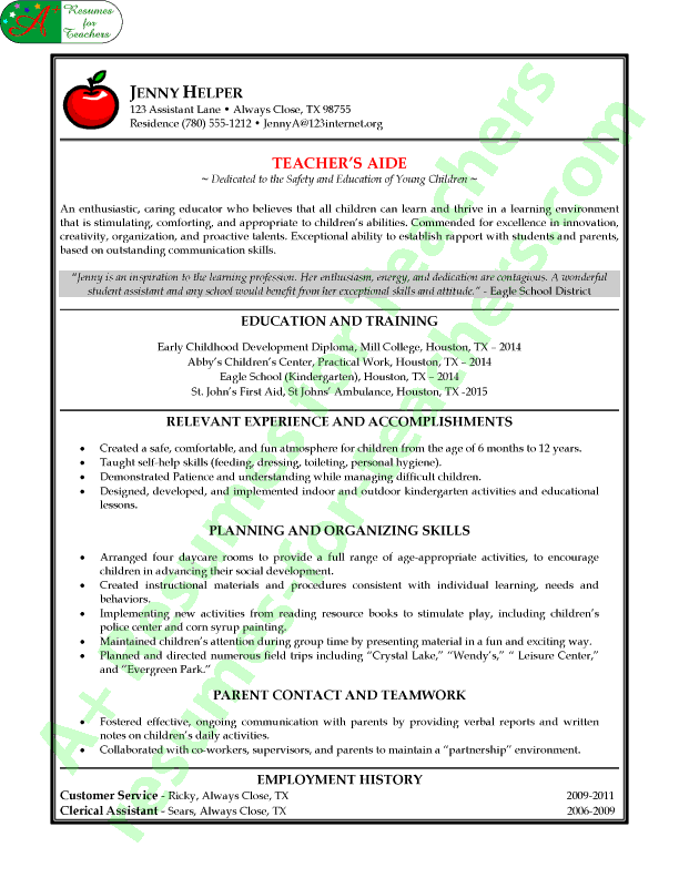 Teacher's aide resume example